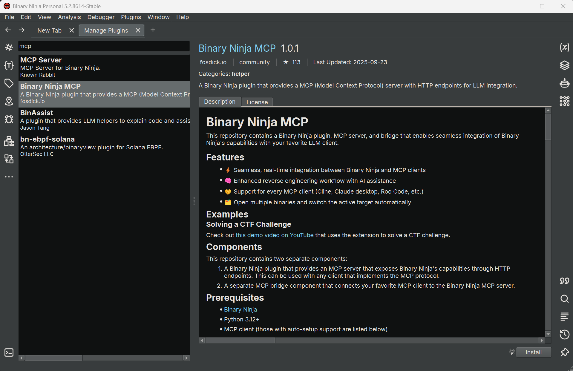 Binary Ninja MCP plugin in plugin manager